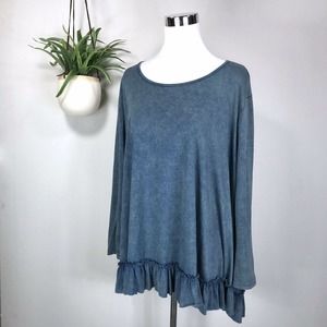 She + Sky Teal Ruffle Hem Tunic Mottled Tie Dye Long Sleeve Boho Knit Top Size M